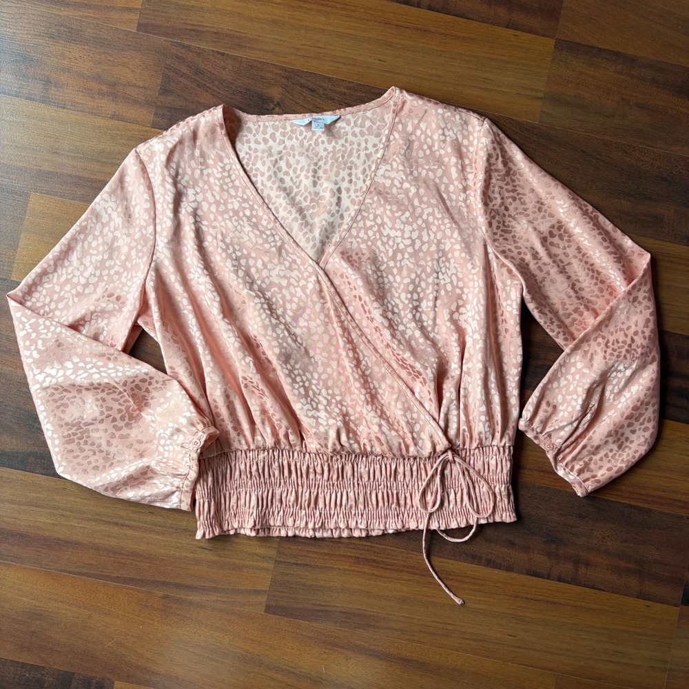 Candie's Blush Pink Jacquard Leopard Satin Wrap Top Smocked Waist Small